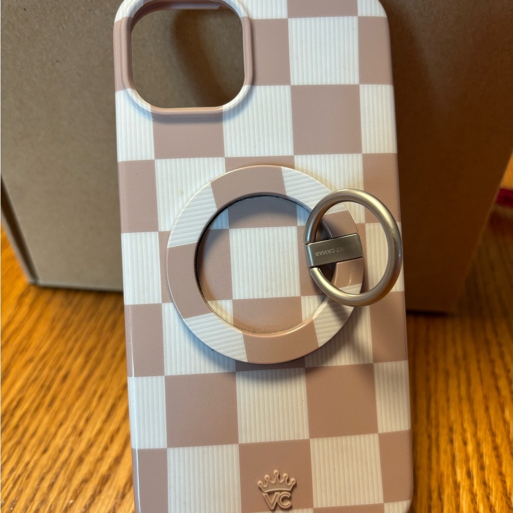 Velvet Caviar Checkered Phone Case with Ring Holder Tan and White Iphone 15plus